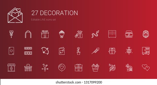 decoration icons set. Collection of decoration with leaf, gifts, gift, love, weathercock, table, entrances, fireworks, tulip, wedding invitation. Editable and scalable decoration icons.