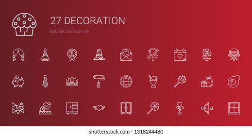 decoration icons set. Collection of decoration with love, lollipop, closet, heart, flood, garland, cake pop, sorbet, window, paint roller. Editable and scalable decoration icons.