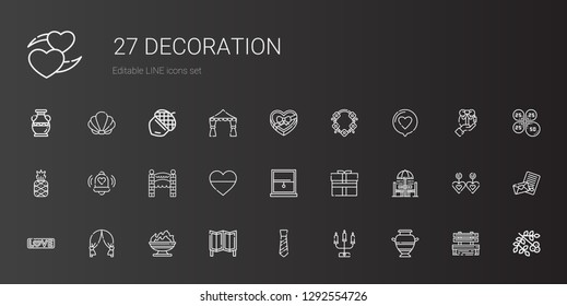 decoration icons set. Collection of decoration with vase, candelabra, tie, room divider, fire, wedding arch, love, chair and table, gift. Editable and scalable decoration icons.