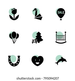 Decoration icons. vector collection filled decoration icons set.. includes symbols such as horseshoe, balloon, origami, baby bed, heart. use for web, mobile and ui design.