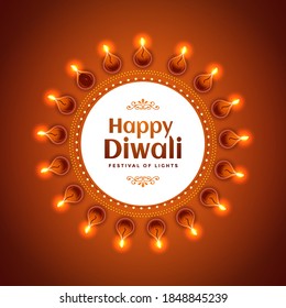 Decoration of illuminated oil lamps (Diya) and text for Happy Diwali celebration. Vector Design.