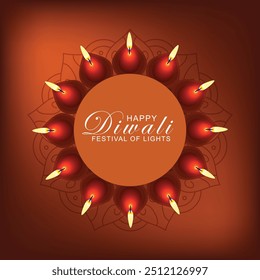 Decoration of illuminated oil lamps (Diya) and text for Happy Diwali celebration