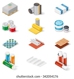 Decoration and insulation materials isometric icon set, materials walls and ceilings, flooring, insulation and building mixes, vector graphic illustration