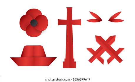 Decoration items for Anzac Day. Vector illustration in paper cut, craft style.