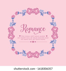 Decoration of leaf and floral frame isolated on pink background, for romance day greeting card design. Vector