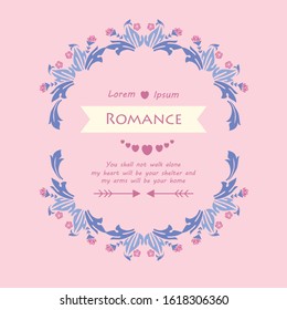 Decoration of leaf and floral frame isolated on pink background, for romance day greeting card design. Vector