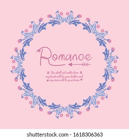 Decoration of leaf and floral frame isolated on pink background, for romance day greeting card design. Vector