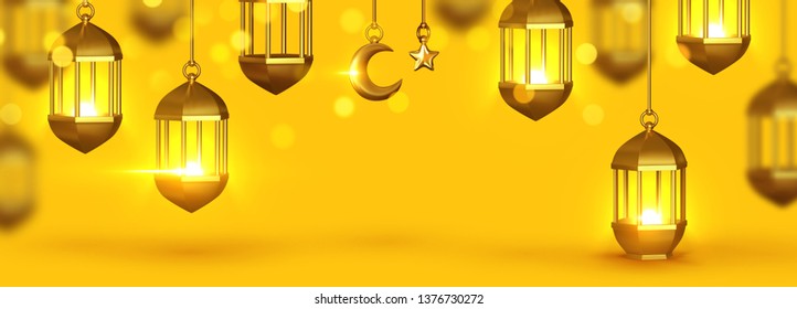 Decoration light lantern, gold stars on ribbon and golden crescent moon. Yellow Background 3d design is arabian vintage decorative hanging lamp are  fire. 