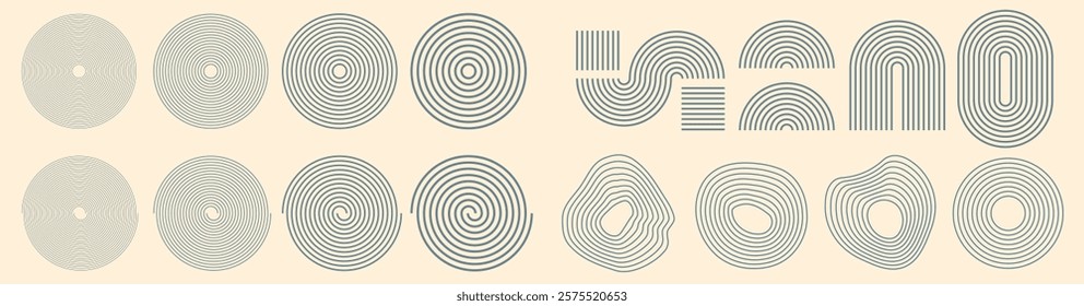 Decoration lines art strokes abstract concentric doodle vector design shape elements simple graphic set, spiral circles trendy modern symmetry patterns, hand drawn swirl image clipart