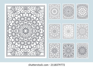 Decoration mandala flower line art vector. Mandala coloring page pattern bundle. Mandala pattern set. Kids coloring page. Mandala coloring page interior collection.