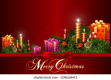 Decoration Merry Christmas with element & red background in paper illustration. Vector