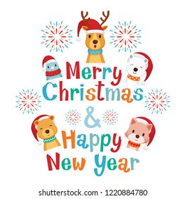 Decoration of Merry Christmas and Happy New Year Lettering with Animals, New Year, Xmas, Festive, Holiday