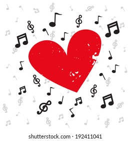 Decoration of musical notes with red heart grunge and background music