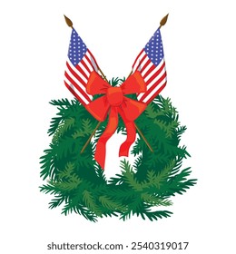 Decoration for National Wreath through America Day. Vector wreath of evergreen branches and US flags. Traditional memorial day for heroes at the national cemetery in December. Vector illustration.