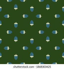 Decoration nature seamless pattern with blue acorn scandi print. Green dark background. Graphic design for wrapping paper and fabric textures. Vector Illustration.