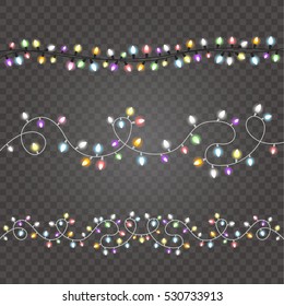 Decoration for the New year. Vector set of color glowing christmas garlands isolated on gray background. 