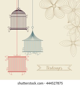 Decoration object concept represented by cute birdcages over flower backgroung illustration, flat and colorfull design