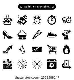 Decoration for offer promotion to sale volume2 vector icon set in a solid or glyph style. A collection such as winter sale, shopping seasonal, alarm clock, and stopwatch. Human made 64x64 pixels.