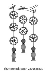 Decoration with orange circles suspended on strings for apartment and house design