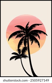 Decoration with Palm trees silhouettes with sun. 