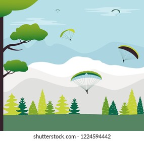 Decoration with paragliders and mountains. Vector