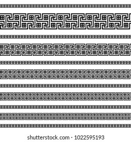 Decoration patterns in black and white colors. Geometrical ethnic border in different sizes set collection. Vector illustration. Brushes, can easy use as tattoos, frames, patterns, dividers