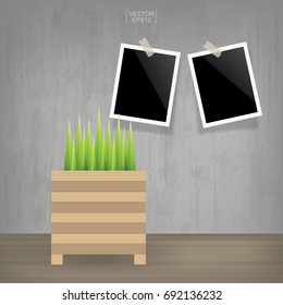 Decoration plant and blank photo frame in vintage room space. Abstract background interior and decoration with picture frame. Vector illustration.