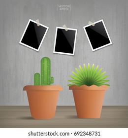 Decoration plant and blank photo frame in vintage room space. Abstract background interior and decoration with picture frame. Vector illustration.