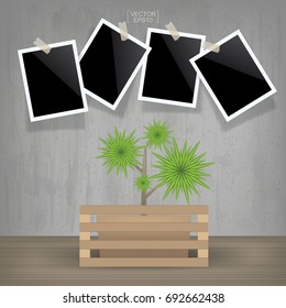 Decoration plant and blank photo frame in vintage room space. Abstract background interior and decoration with picture frame. Vector illustration.