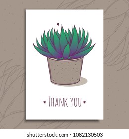 Decoration plant succulent astroloba tenax. Greeting post card thank you text. Vector illustration.