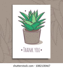 Decoration plant succulent. Greeting post card thank you text. Vector illustration.