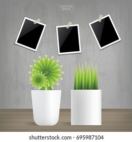 Decoration plants and blank photo frame in vintage interior background. Abstract natural object for install and decoration in room space. Vector illustration.