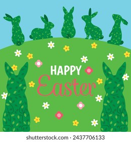 Decoration Rabbit shape topiary garden illustration Happy Easter greeting card 
