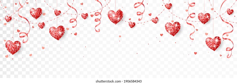 Decoration with red glitter shiny hearts. Ribbons and confetti. Valentine's day frame. Wedding string ornaments isolated on white background. Mother’s day garland. For banners, party posters. Vector.