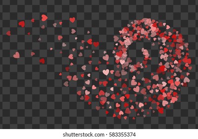 Decoration of red hearts twisted in vortex. Transparent design element for festive banner, greeting card, postcard, wedding invitation, Valentines day and save the date card. Vector illustration.