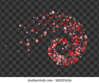 Decoration of red hearts twisted in vortex. Transparent design element for festive banner, greeting card, postcard, wedding invitation, Valentines day and save the date card. Vector illustration.