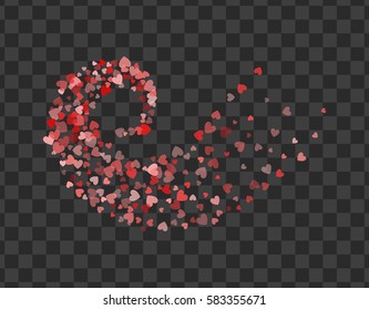 Decoration of red hearts twisted in vortex. Transparent design element for festive banner, greeting card, postcard, wedding invitation, Valentines day and save the date card. Vector illustration.