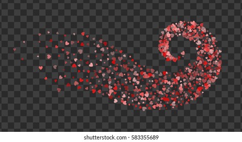 Decoration of red hearts twisted in vortex. Transparent design element for festive banner, greeting card, postcard, wedding invitation, Valentines day and save the date card. Vector illustration.