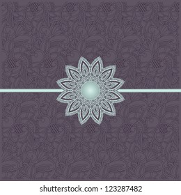 Decoration ribbon with flower on seamless pattern background. Greeting card
