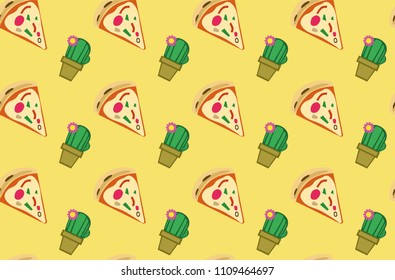 Decoration seamless pattern with pizza and cactus. Yellow background. Vector illustration