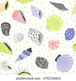 Decoration seashells seamless pattern. Cartoon sea conchas, hand drawn shells of clam and oyster, elements of ocean treasure, vector illustration marine shell white background