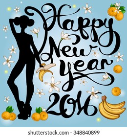 Decoration set with Chinese New Year 2016 greeting celebration symbols: happy new year, 2016, mandarin, monkey, flowers, banana. Isolated cartoon holiday decorative art elements on light blue backdrop