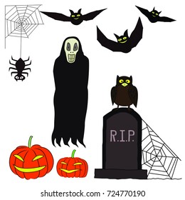 Decoration set for Halloween ; Spider with web , ghost, Pumpkin Lamp, Owl, Bat, and Ghost