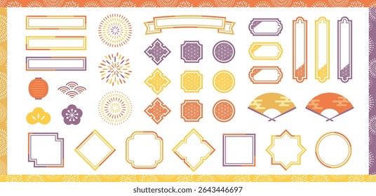 Decoration set of Japanese style decoration for autumn. Japanese pattern frame and fireworks illustration.