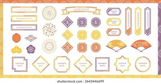 Decoration set of Japanese style decoration for autumn. Japanese pattern frame and fireworks illustration.