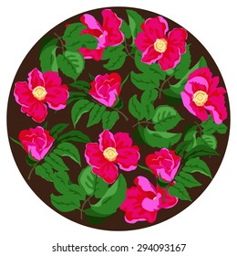 The decoration in the shape of a circle with bright colors of wild rose on a dark background