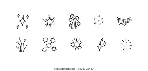 Decoration shiny light elements, line hand drawn doodle set. Abstract festive sketch for celebration holiday, birthday, Christmas, party. Decorative scribble star, flash. Vector illustration