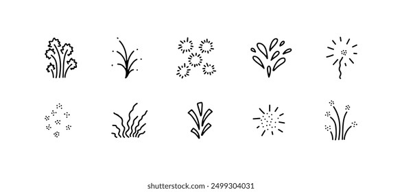 Decoración Elementos de luz brillante, línea dibujada a mano doodle set. Abstractas boceto festivo para fiesta de celebración, cumpleaños, Navidades, fiesta. Fuegos artificiales de garabatos decorativos, flash. Ilustración vectorial