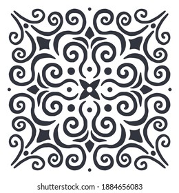 Decoration from a silhouette of flowers and swirling lines in a square, central element of flower star. Print for the cover of the book, postcards, t-shirts. Illustration for rugs.