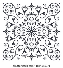 Decoration from a silhouette of flowers, twisted lines, hearts in a square, central element of flower star. Print for the cover of the book, postcards, t-shirts. Illustration for rugs.